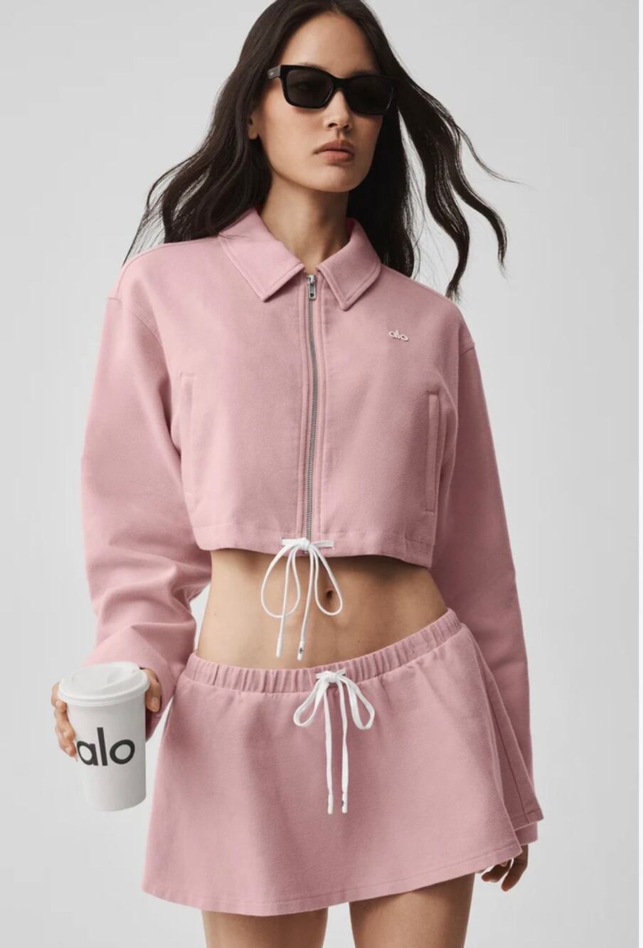 Alo Yoga Fan Favorite Set Medium Vintage Pink Cropped Jacket Micro Skirt EUC